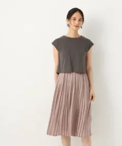 新品グローバルワークプリーツスカートドッキング切替ワンピースLグレー6050円