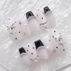 現品 量産型 ワンホン フレンチガーリー 黒 ドット柄 リボン ネイルチップ