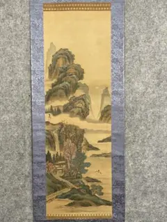 【富岳富士川下り図】狩野洞雲益信 1005 江戸狩野古画 掛け軸 肉筆 掛軸 狩野派〔藤原景信 狩野宗益景信 肉筆 紙本 春景富嶽図