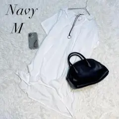 ネイビー/ロングワンピース/シャツ/白/半袖/フレア/Mサイズ/美品✨️