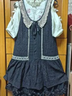 [2点セット]アクシーズファムブラウスとジャンスカ総レース裾立体レース袖Wリボン