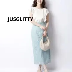 【美品】JUSGLITTYミニブーケ刺繍スカート　サイズ２　ミント色のサムネイル