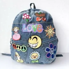 リュック バックパック　デニム リメイク レディース ワッペン　花　LOVE