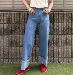 しまむら　ランダム刺繍ロールアップデニムパンツ　ブルー　ai