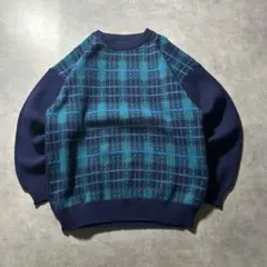 ヴィンテージ チェック 切り替え レトロ ネイビー ニット セーター