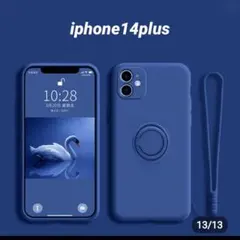 人気！iphone14plus リングホルダー付 ネイビー スマホケース