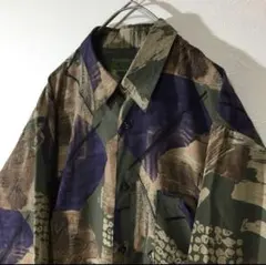 【個性派古着】長袖総柄デザインシャツ　アート柄　ポリシャツ　Ｌ マルチカラー