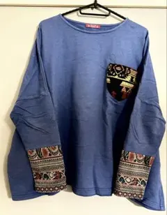 値下‼️【古着】Amina 青 長袖 Tシャツ ポケット付き 袖切り替えし