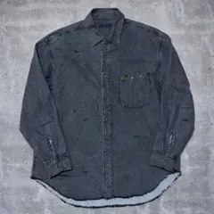 【古着】ブラックデニムシャツ　ブラックデニム　フラワースタッズ　HTC
