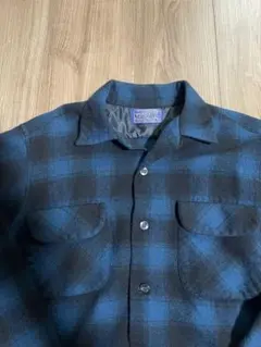 60s Pendleton オンブレチェック ウールシャツMサイズ 青黒