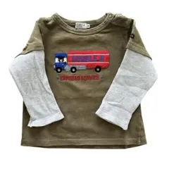 【美品】ミキハウス ダブルB 長袖Tシャツ 90 重ね着風 車柄 カーキ