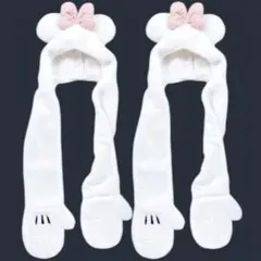 ミニー　マフラーファンキャップ　2個セット　ペア　白　ピンクリボン　ディズニー