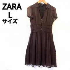 ZARA ザラ シフォンワンピース 半袖L 水玉 ドット レネック ブラウン