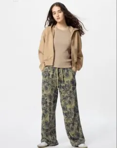 ユニクロ　レーヨンプリントロングパンツ　プリンセスタムタム　オリーブ　XL
