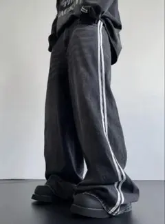 y2k ブラックデニム　ラインパンツ　adidas バレンシアガ