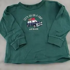 緑の長袖Tシャツ 車と旅行刺繍100cm