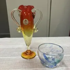 伝統工芸 沖縄 琉球ガラス 2点セット 花瓶 一輪挿し ＆ 槌目模様の小鉢