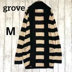 【グローブ】前開き長袖ボーダーラップニットカーディガン　黒ベージュM薄手羽織り