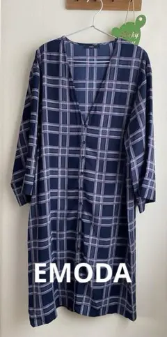 EMODA ネイビー チェック柄 長袖 ロングカーディガン