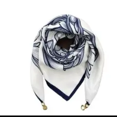 レディース　新品　おしゃれ抽象波模様 スカーフ ホワイトネイビー　磁石飾り付き