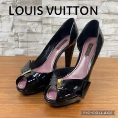 【良品】ルイヴィトン★オープントゥ　パンプス　ロゴプレート　リボン　エナメル　黒