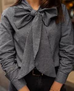 ボウタイ付き ギンガムチェック柄 長袖ブラウス ブラック系　XXXL