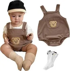 赤ちゃん服 サイズ73 ベビー くま ワッペン ポケット 綿 オーバーオール