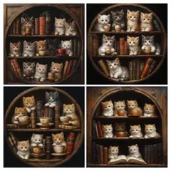 パネル生地 猫 ネコ ねこ 正方形 本棚にたくさんの猫 残り3枚