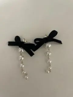 リボンとパールの両耳用ピアス　ウエディング用