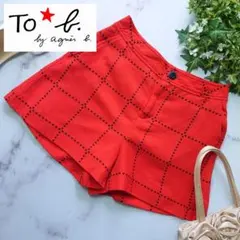 アニエスベー ショートパンツ 刺繍 チェック オレンジレッド サイズ36