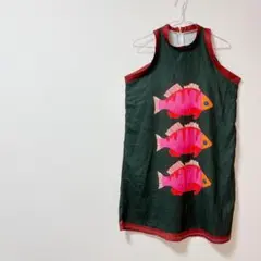 8 魚プリント ノースリーブワンピース スカート さかな イラスト 古着