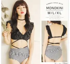 モノキニ 水着 フリル付き 黒/チェック M/L/XL