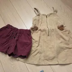 コーデュロイ ベージュ トップスとワインレッド ショーツ セット