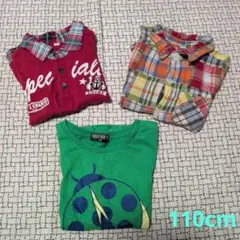 110cm 赤襟付きTシャツ　チェック柄シャツ　緑Tシャツ3枚セット　まとめ売りのサムネイル