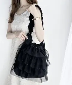 milybilet ラインストーン付チュールフリルドロスト巾着バッグ