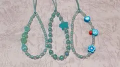 ハンドメイドビーズミニストラップ 3点セット 明るい青色