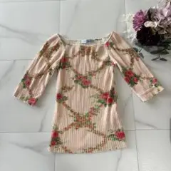 BLUMARINE 花柄　リブトップス　スクエア　五部袖　ニット　ピンク