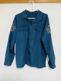 チャイハネ　メンズシャツ　刺繍　ブルー　開襟　エスニック　長袖　綿麻　秋冬のサムネイル