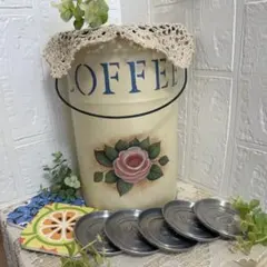 プレ付【アンティーク丸型ブリキ缶バラのペイント　コースター5個付】ヴィンテージ