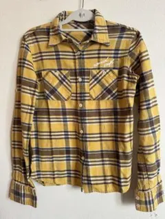 イエローチェック 長袖シャツ S