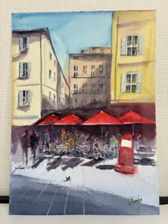 手描き水彩画　「南フランスの市場にあるカフェ」
