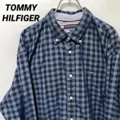 T-247 TOMMY HILFIGER BDシャツ チェックXXL青USA古着