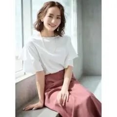オペークドットクリップ　シルキースーピマ フリルスリーブカットソーTシャツ　M