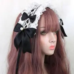 カチューシャ　ヘッドドレス　ブラック　レース　リボン　髪飾り　コスプレ　ゴスロリ