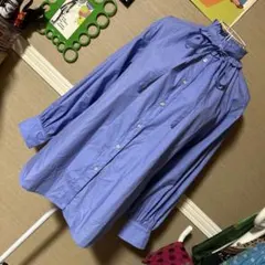 CPCM リボン付き⋈ フリルハイネック ギャザーブラウス サックス 古着