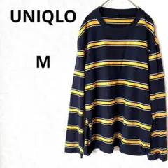 ユニクロ 長袖カットソー　ロングシャツ　Uネック　コットン　ネイビー/黄色　M