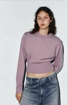 ZARA パープル クルーネック　ショート丈ニットセーター