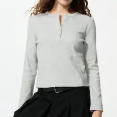 リブヘンリーネックT/長袖 XL ライトグレー