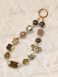 [ハンドメイド]携帯ストラップ ゴールド#048