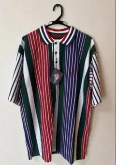 新品90sクレイジーパターン総柄ポロシャツ太ストライプタグ古着XLデッドストック